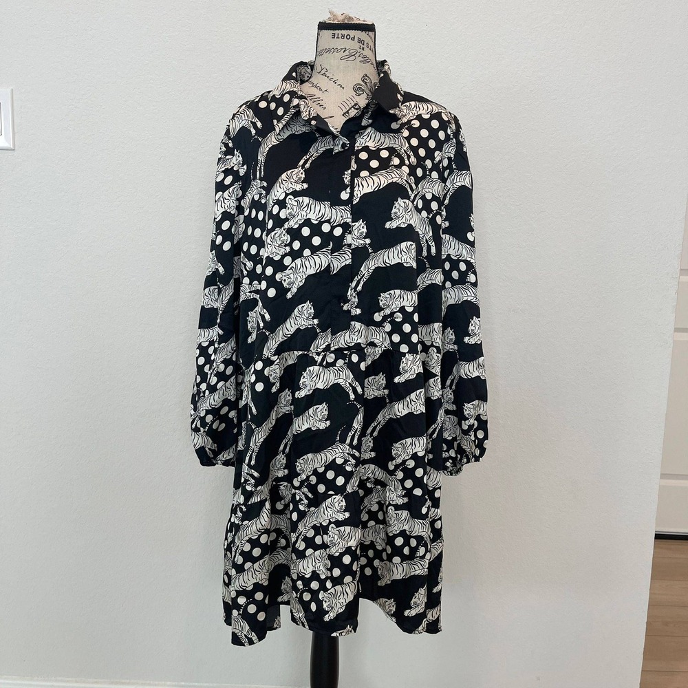 First Love Black White Tiger Novelty Polka Dot Shirt‎ Dress 2X Romantic classic